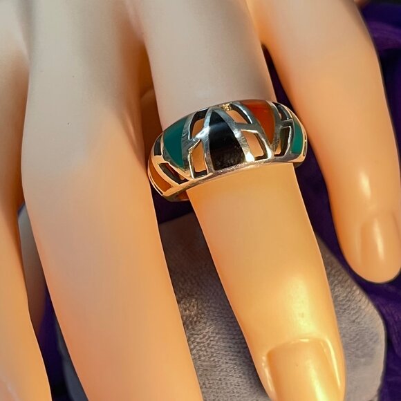 Neal Paquin Jemez Zuni Ring marked 925 NP Multi Gemstones Domed band Size 8 - Picture 1 of 6